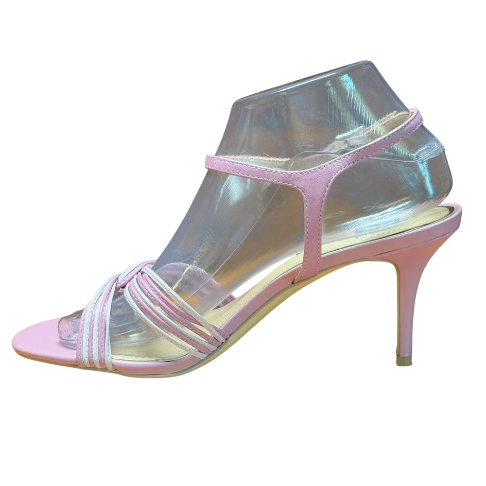 WHBM Sz 8.5 Hailey Nappa Strappy Heeled Sandals Ankle Strap 3' Purple White +Box